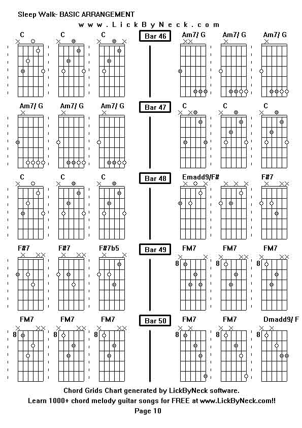 Chord Grids Chart of chord melody fingerstyle guitar song-Sleep Walk- BASIC ARRANGEMENT,generated by LickByNeck software.